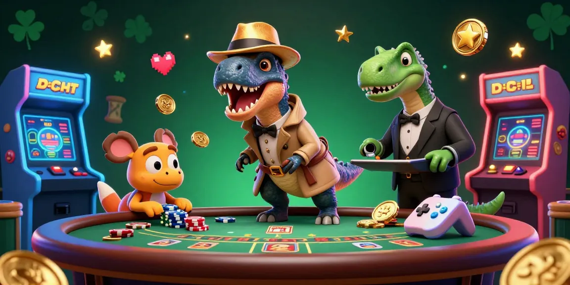 keobongda scene showing a velociraptor at a blackjack table with casino lights and action