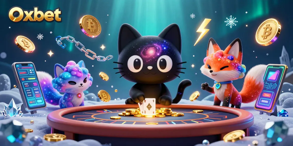 Experience Oxbet's thrilling casino atmosphere with a cosmic cat and nebula fox pulling in sparkling coins and cards.