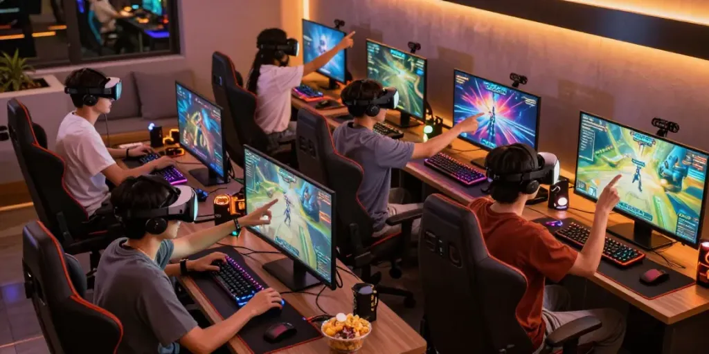 Engaged players enjoying ROKOK88 alternatif in a vibrant gaming lounge.