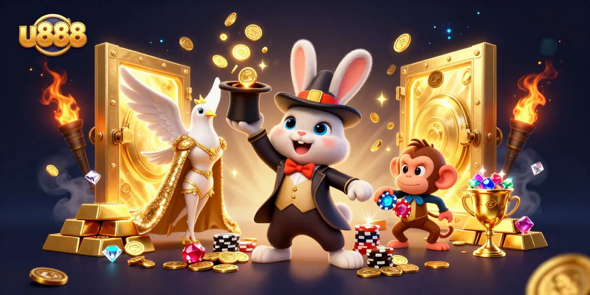 Experience u888's magical casino world with a rabbit magician, a dove, and a mischievous monkey.