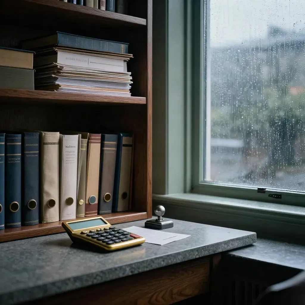 Rainy tax advisory workspace with walnut shelf, brass calculator and sealed folders by a window.