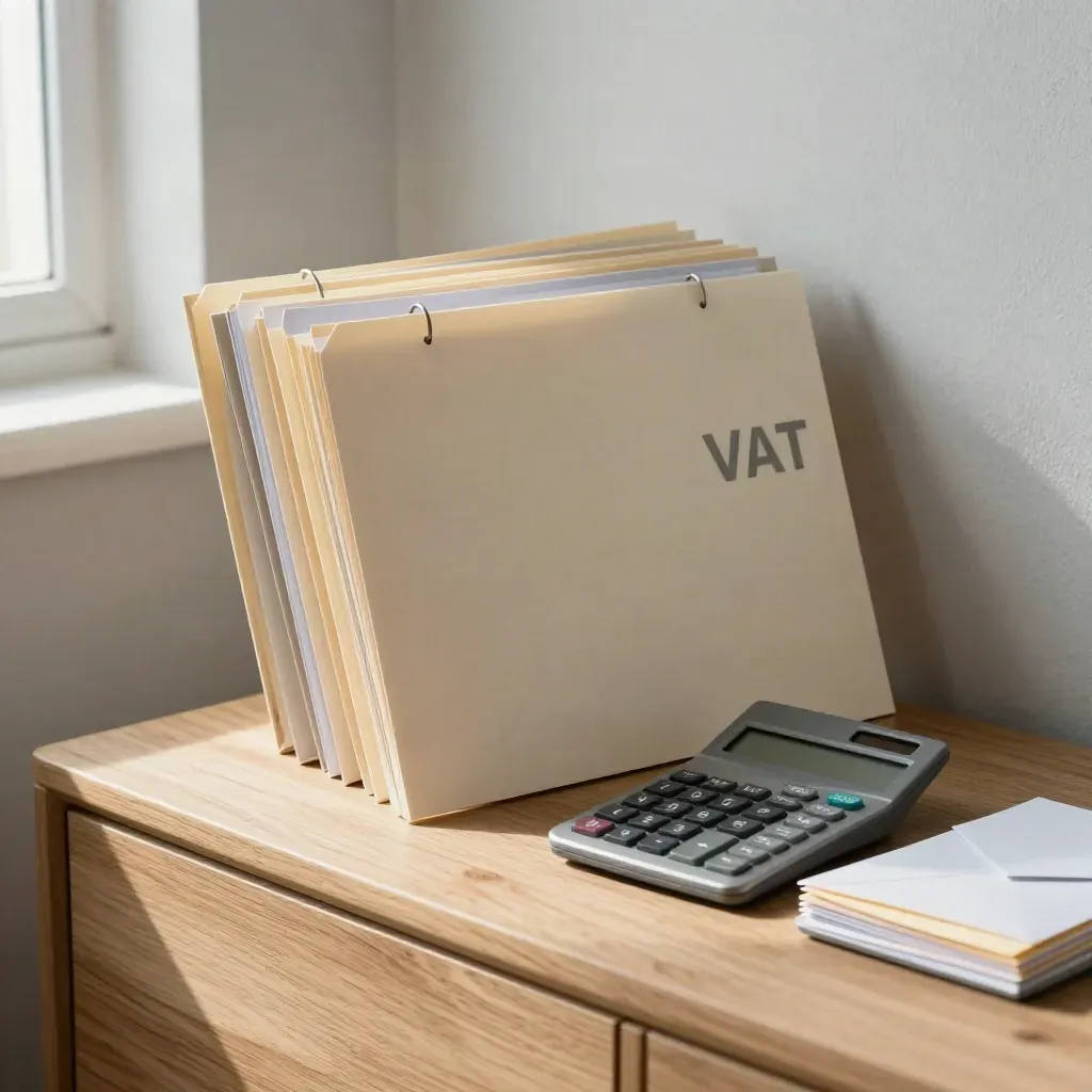 VAT registration folders, calculator and envelope tray on pale oak with soft daylight.
