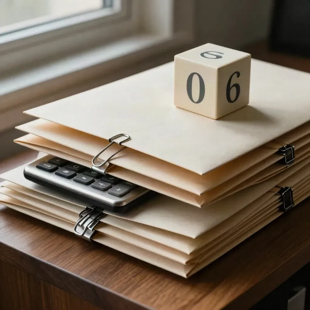 Sealed payroll envelopes, calculator, month-end cube and paperclip rails on a walnut shelf.