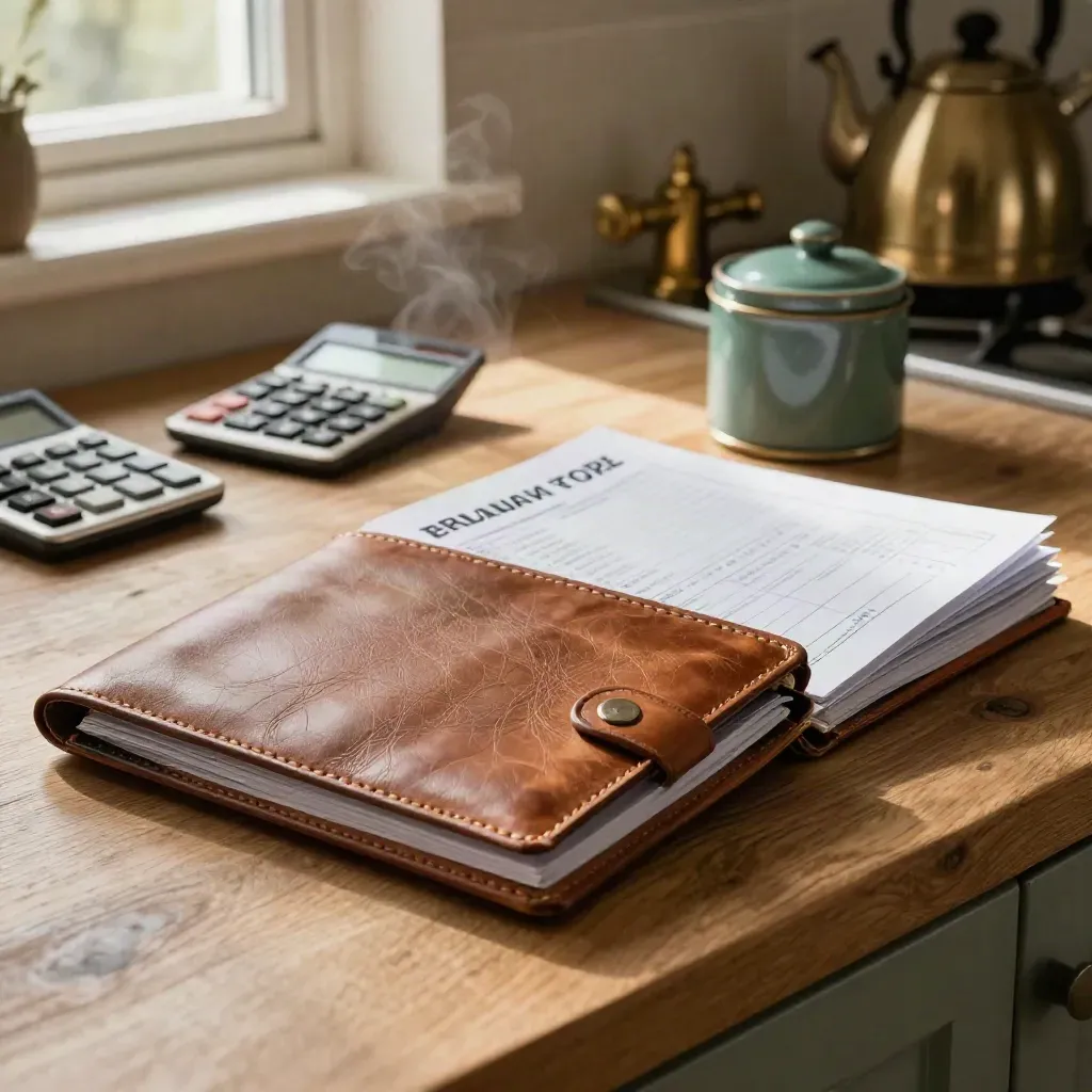 Kitchen counter with tax folder, calculator, receipt wallet, mileage notebook and tea tin in window light