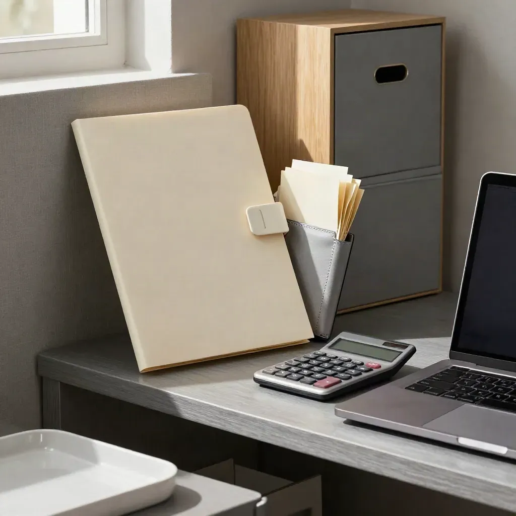 Freelancer VAT setup on a studio shelf with folder, calculator, receipt wallet and closed laptop.