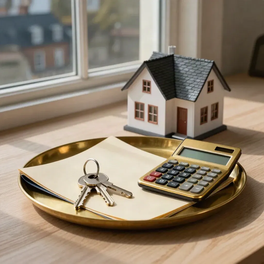 Brass keys, calculator, folder and house model on oak in warm window light.