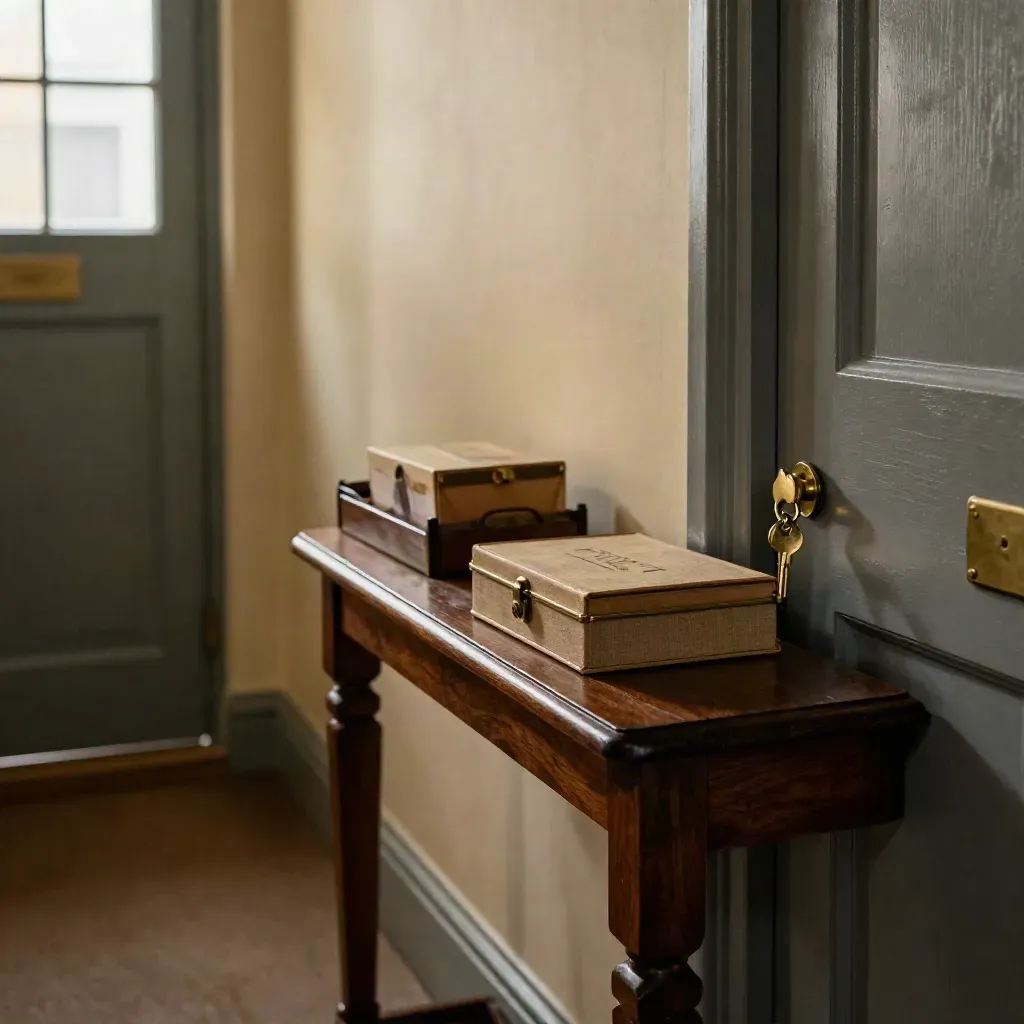 A cosy hallway console with keys, a closed ledger box and post tray by a front door.