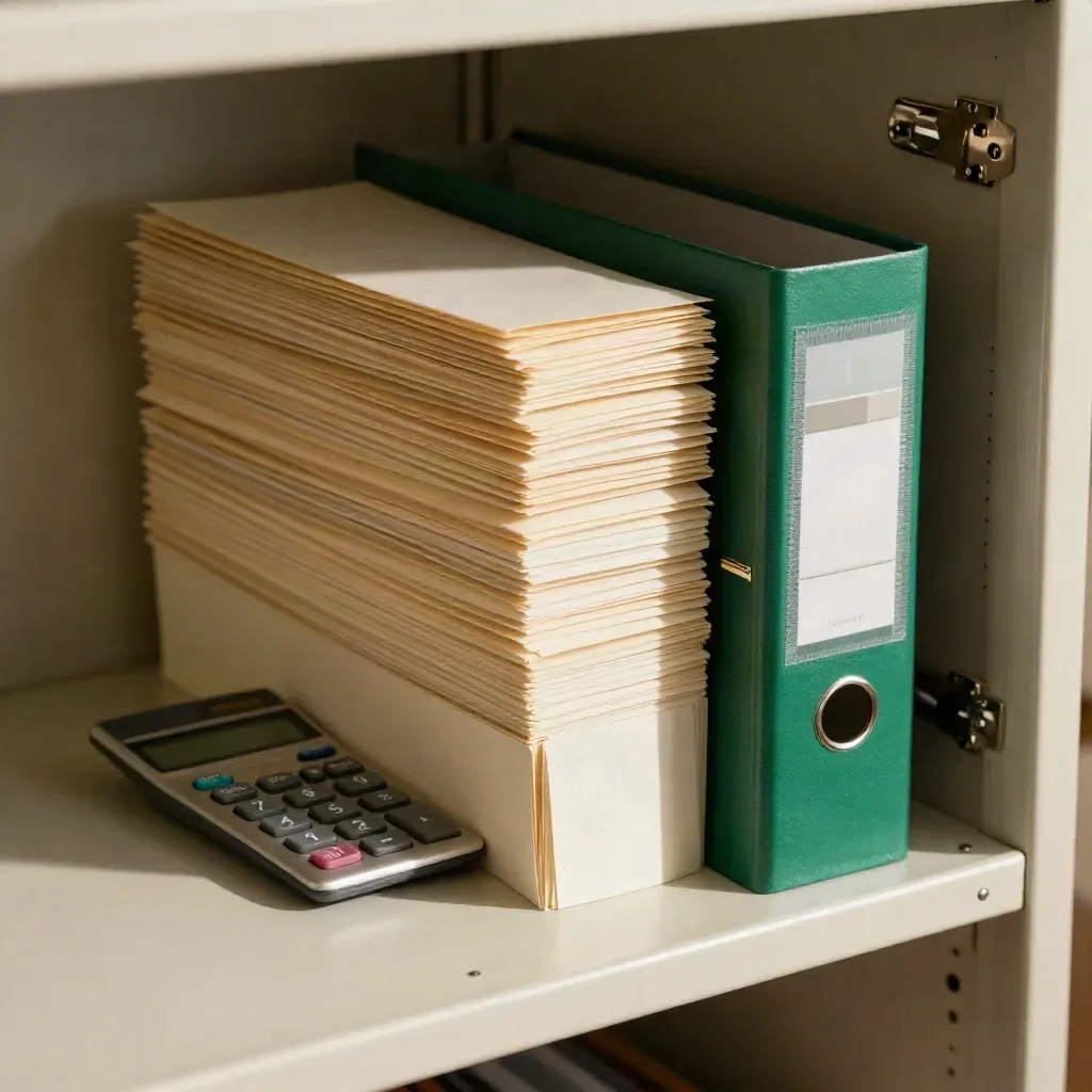 Cream payslip packets, calculator and archive box in a calm cupboard with soft daylight.