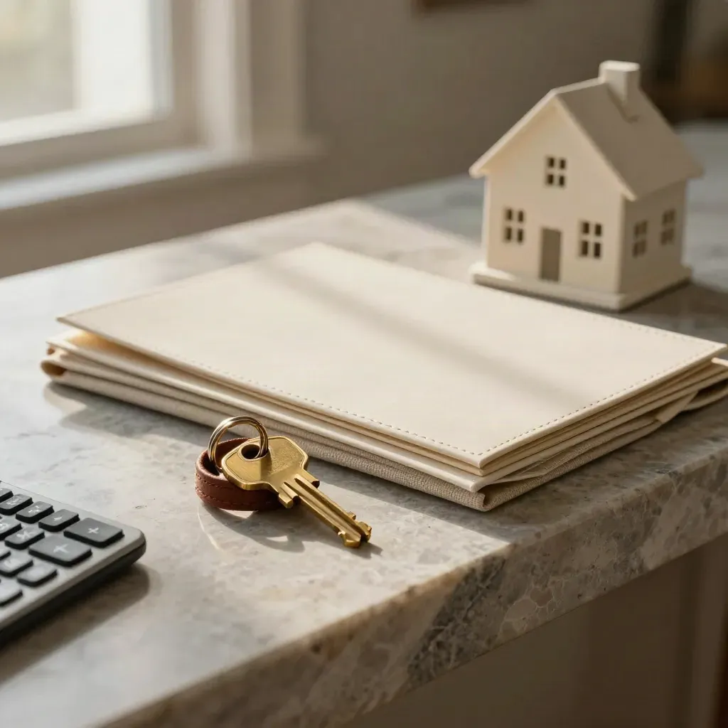 Keys, calculator, completion folder and house model on a stone console in warm daylight.