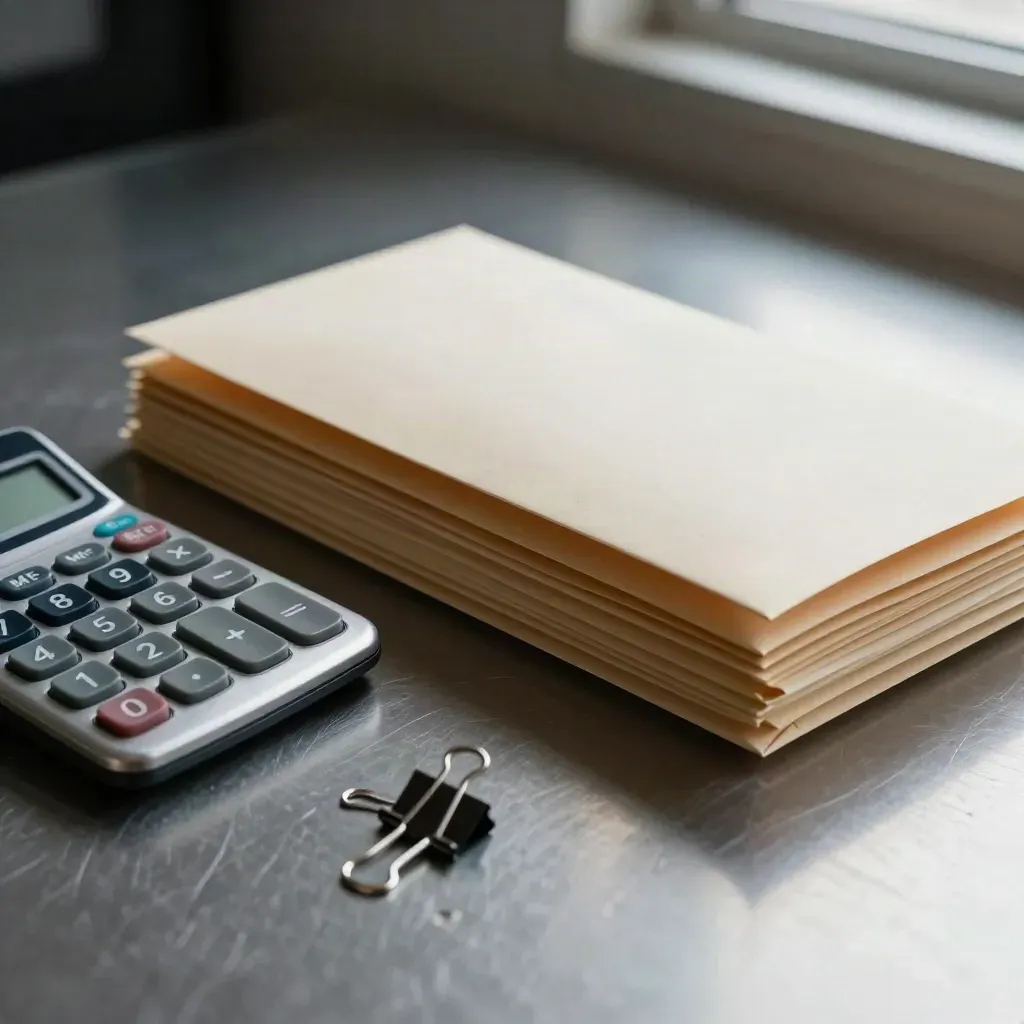 Payroll envelopes, calculator and binder clips on brushed steel in close-up.
