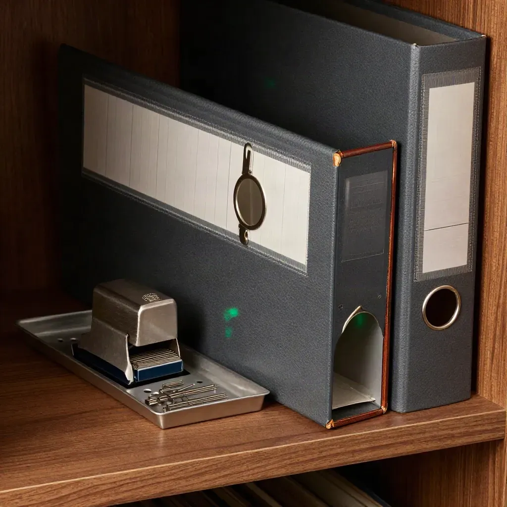 Archive binder, date stamp and clip tray in a dark records room, lit dramatically