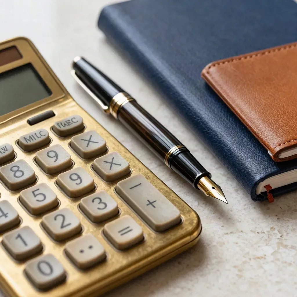 Macro still life of calculator, pen, ledger notebook and leather blotter on travertine