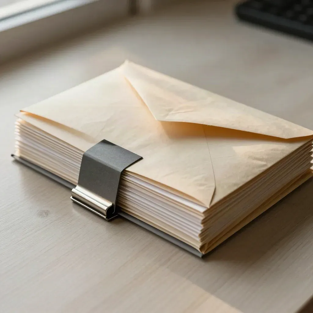 Overhead still life of envelope pack, file clip and postal band on pale wood.