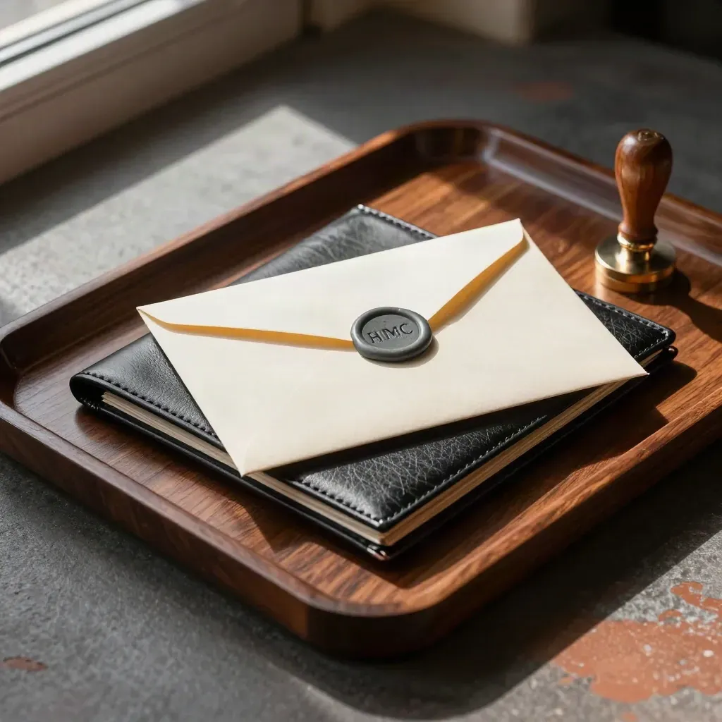 Top-down tray with a seal stamp, sealed envelope, paperweight and case wallet in soft daylight.