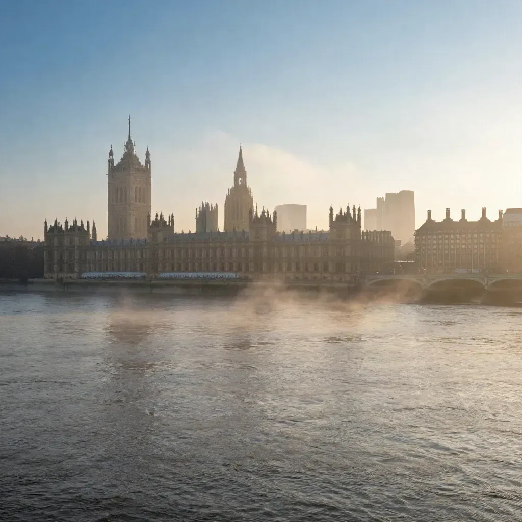 London skyline over the Thames at blue dawn, Westminster high in mist above calm water