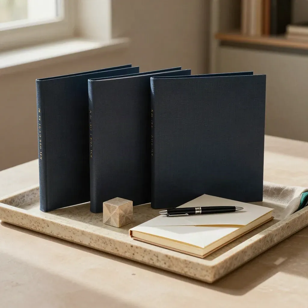 Folders, date cube, fee envelope and pen on a stone tray under soft daylight.