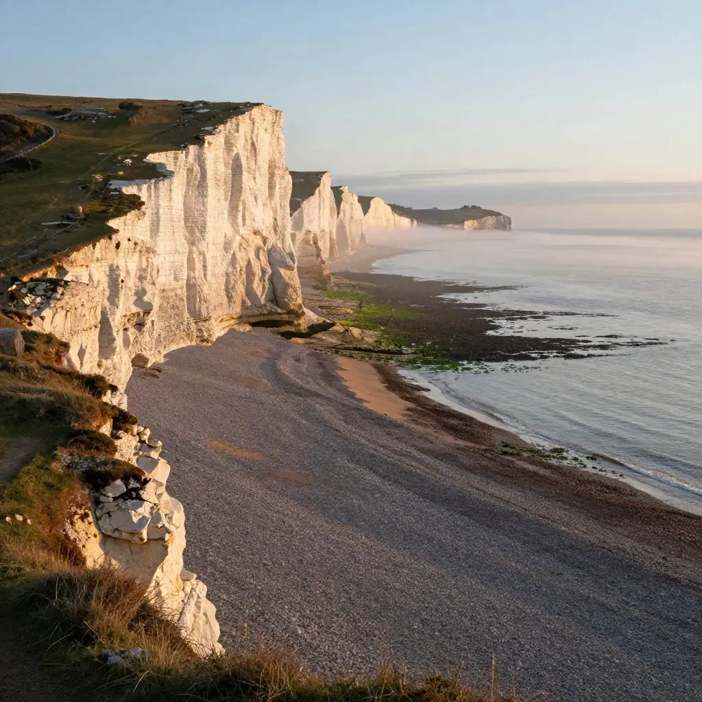 Golden cliffs above a misty shingle coast in South East England