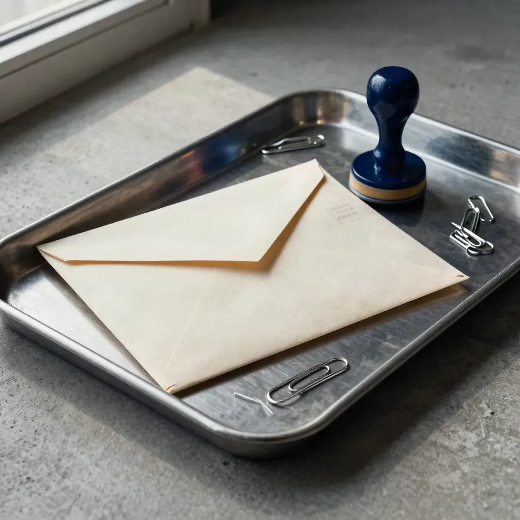 Still life of a sealed archive envelope, rubber stamp, tray and paperclip chain on concrete.