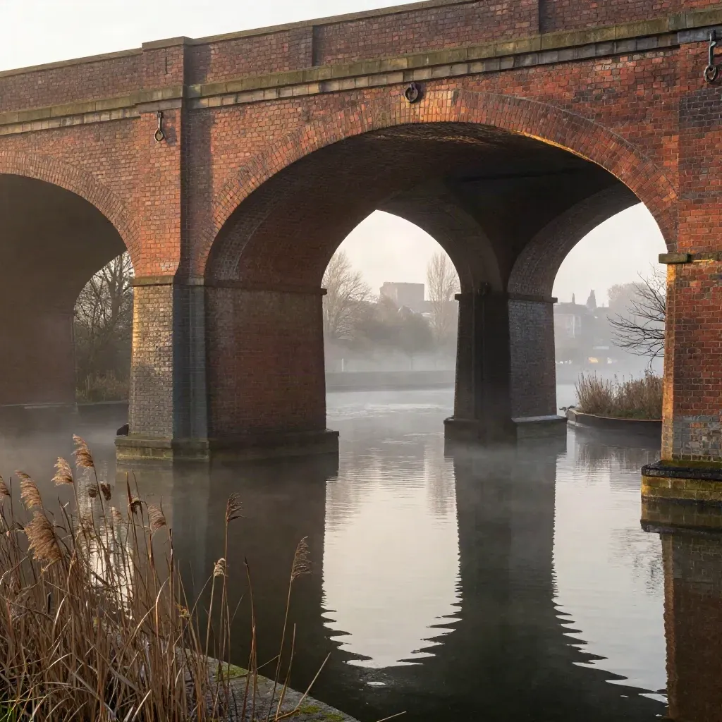 West Midlands canal basin at sunrise with red-brick arches and still water in soft haze