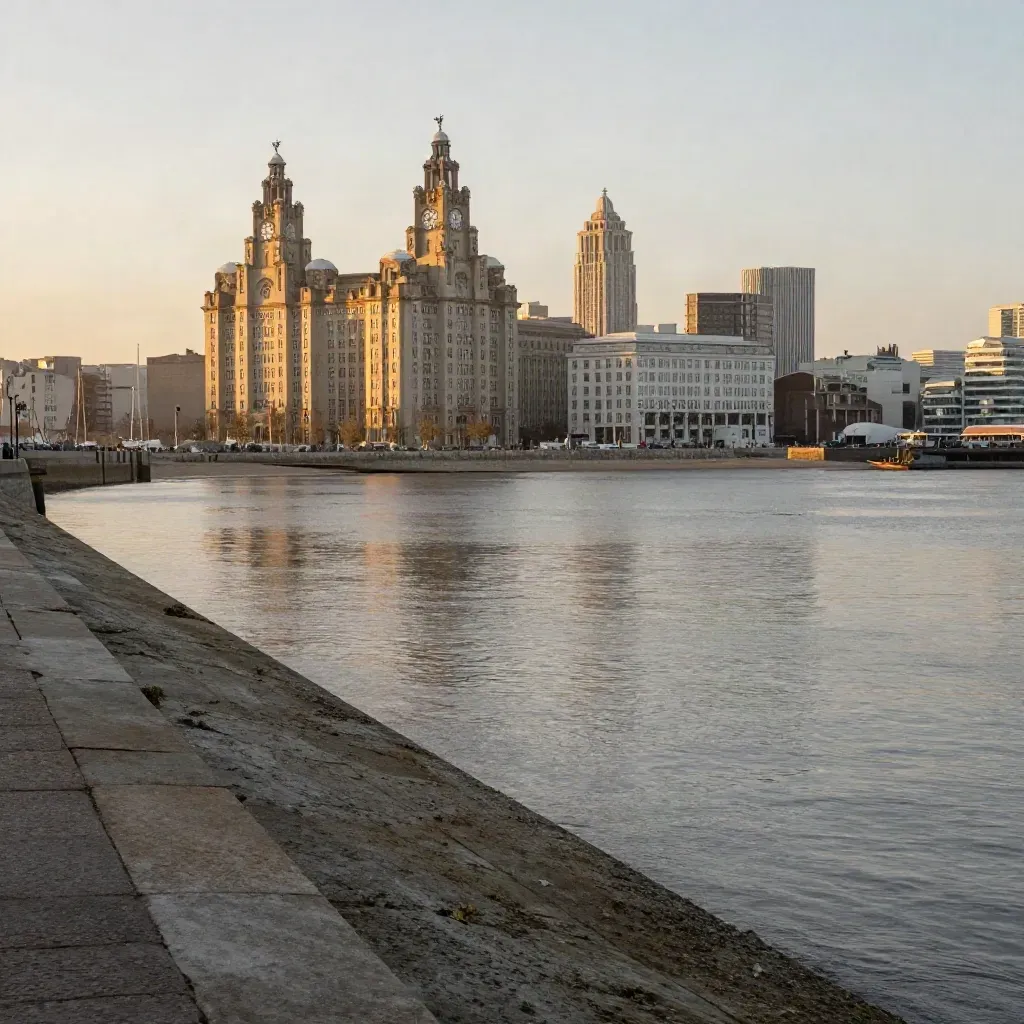 Liverpool waterfront and the Three Graces above calm slate-gray estuary haze
