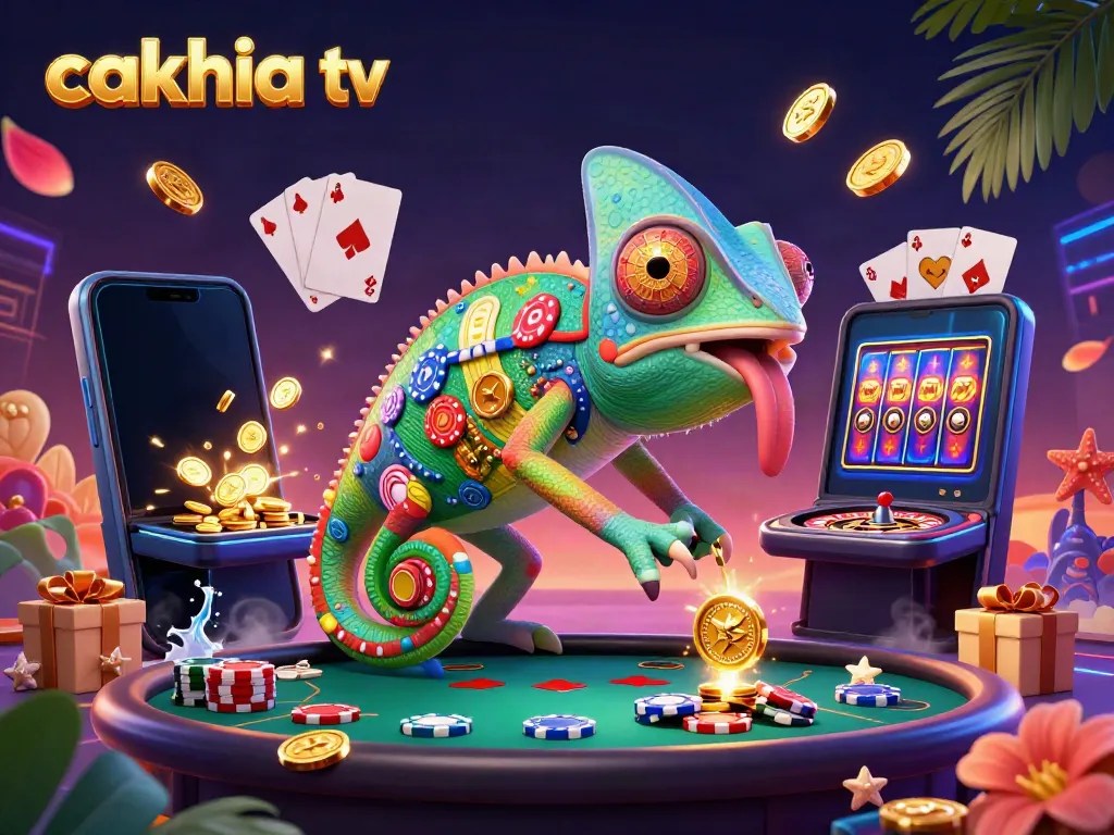 Cakhia TV's vibrant casino scene showcases a playful chameleon owner amid gaming excitement.