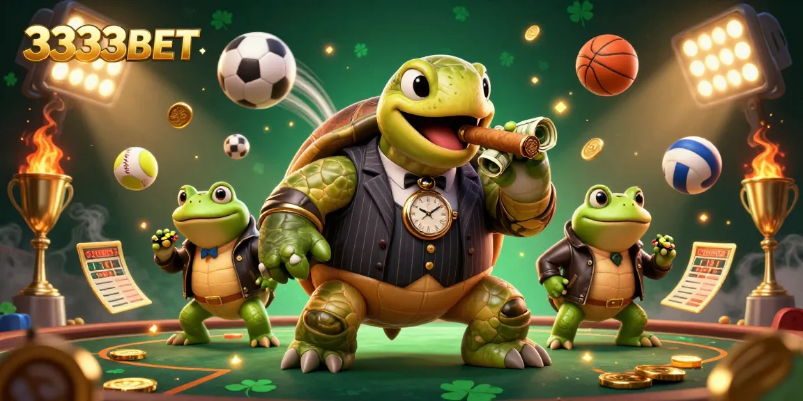 Experience thrilling action with 3333BET through a unique casino scene featuring a turtle mobster and frog enforcers.