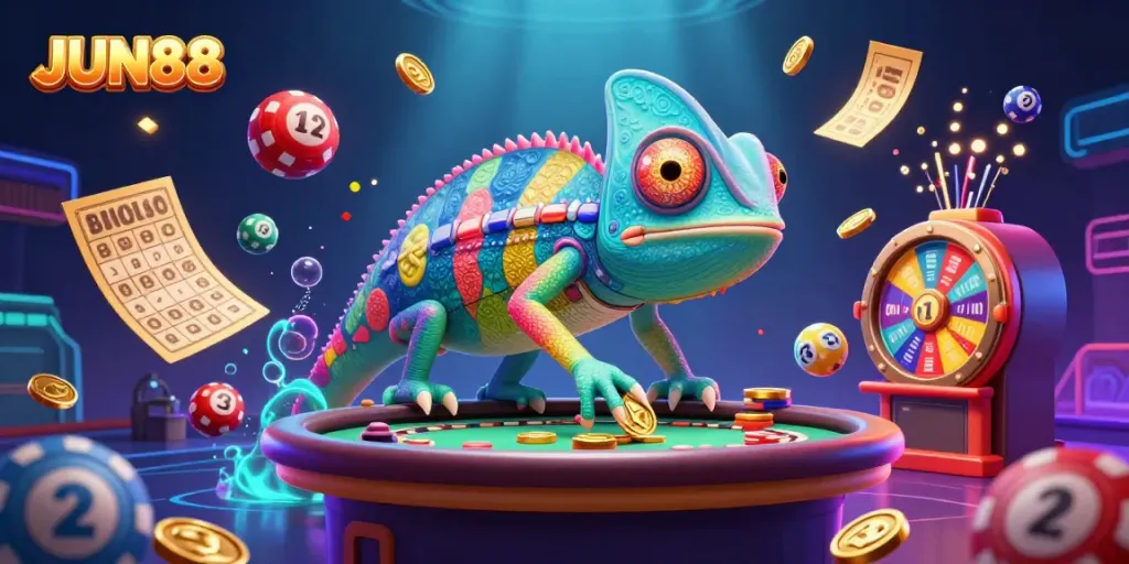 Engage with JUN88's vibrant casino realm with a chameleon owner and lively game elements