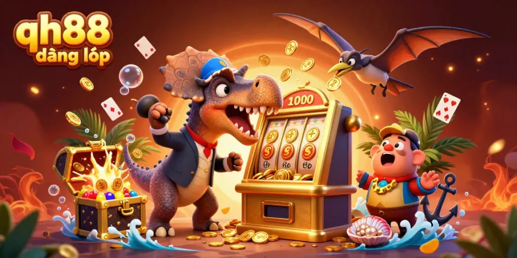 Spin for big wins at qh88 đăng nhập with cartoon dinosaurs in a vibrant casino scene.