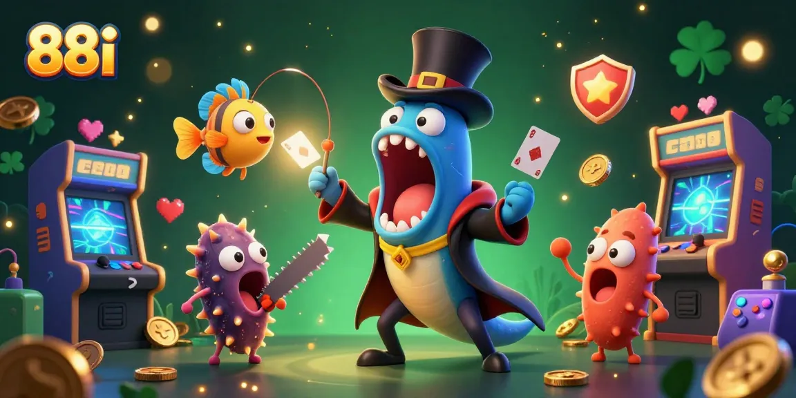 88i offers thrilling card tricks in a vibrant casino scene with dynamic characters and gaming elements.