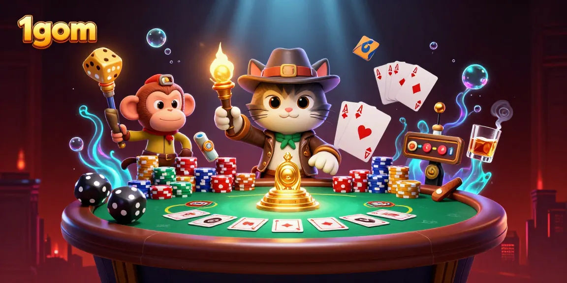 Engage in thrilling gaming with 1gom as an explorer cat and monkey uncover casino treasures.