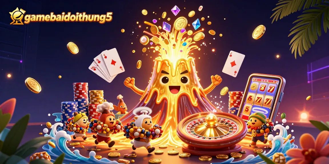 Experience excitement at gamebaidoithuong5 with a vibrant casino scene showcasing a golden volcano and treasure.