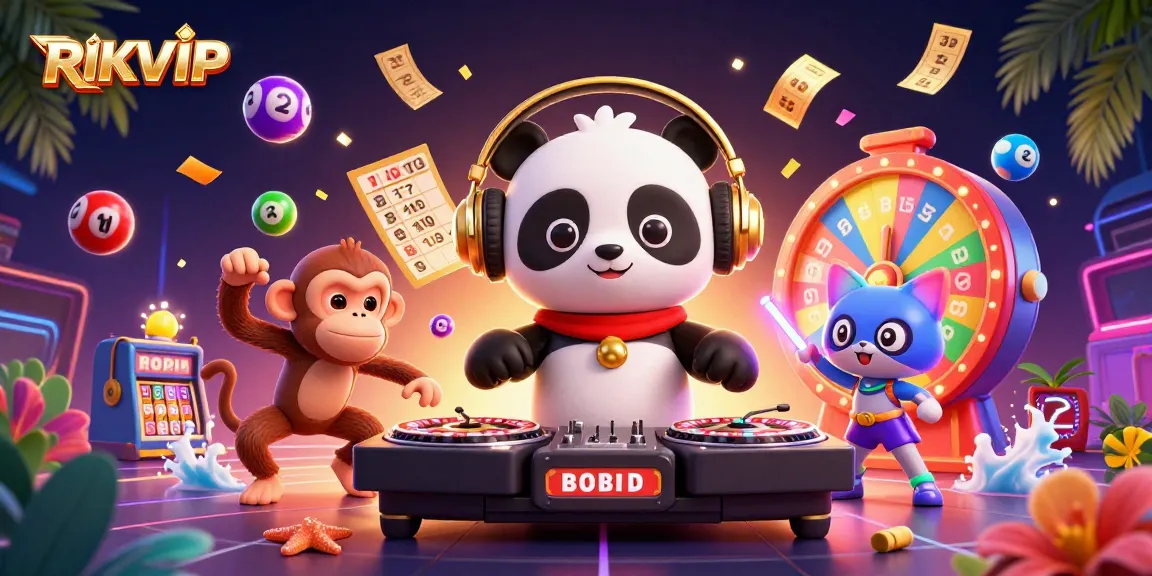 Engage with RIKVIP at an electrifying gaming party featuring animated characters and vibrant casino elements.
