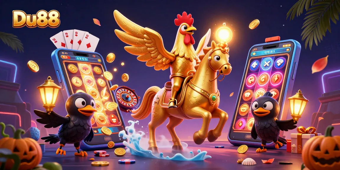 Experience Du88's thrilling gameplay with a golden rooster and friends in a vibrant casino scene.