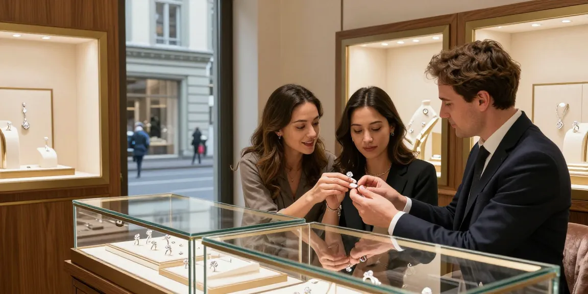 Beautiful couple choosing diamond engagement rings Zurich in elegant jewelry store full of luxury.