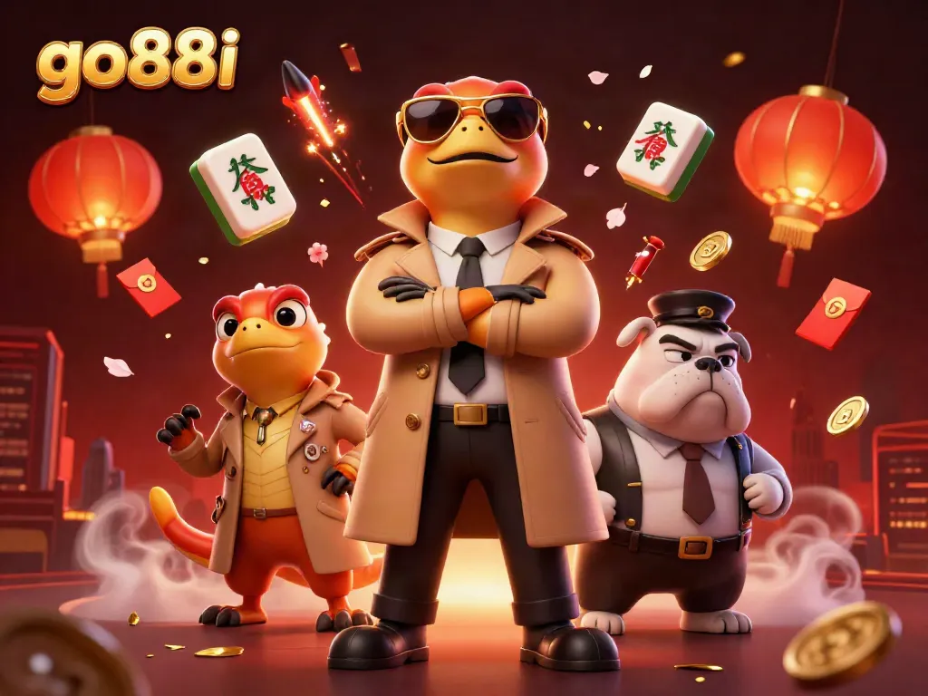 Experience the go88i thrill as three cartoon raptors sneak into a VIP casino lounge, packed with vibrant gaming elements.