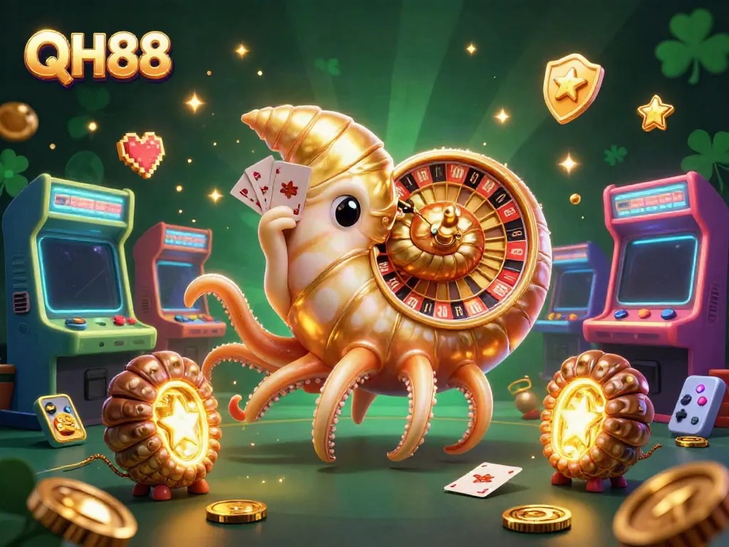 Engage with QH88 in a vibrant 3D scene featuring a giant nautilus roulette and glowing game elements.