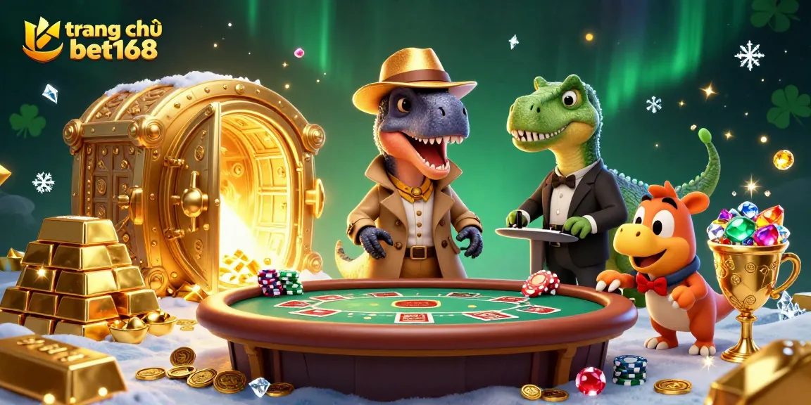 Exciting scene of a velociraptor at the blackjack table, promoting trang chủ bet168's thrilling gaming experience.
