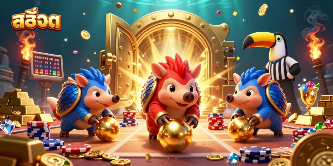 Experience thrilling สล็อต moments as rival pangolins roll golden balls amidst poker chips in a vibrant casino.