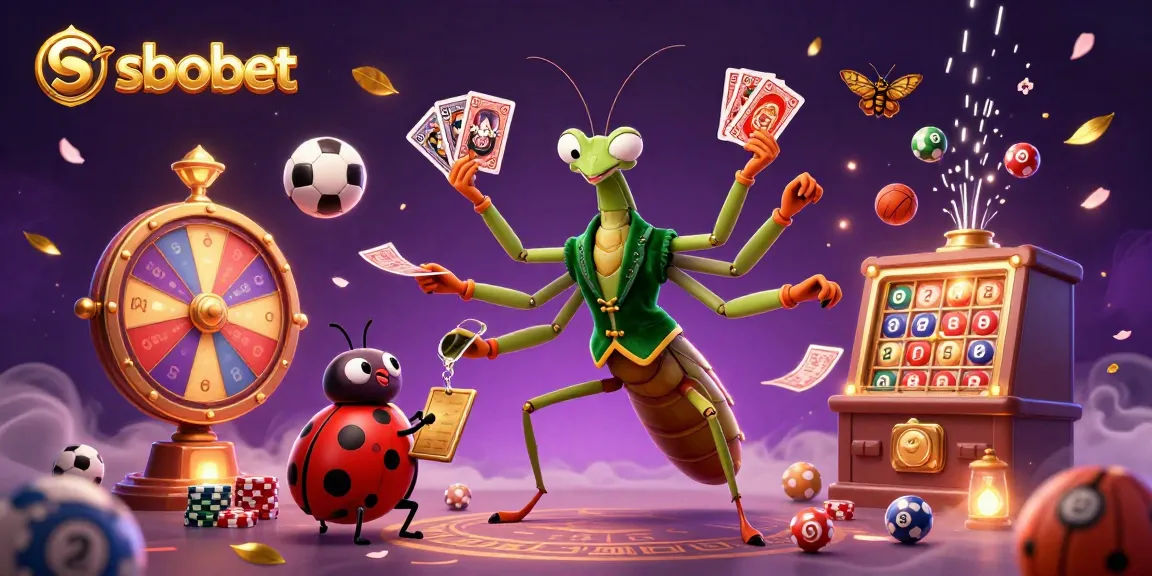 Sbobet sports betting illustration featuring a giant praying mantis dealing cards and sports balls dynamically scattered around.