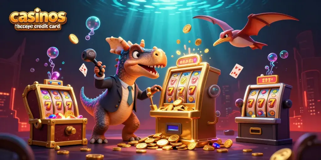 Dynamic scene of casinos that accept credit card showing a cartoon dinosaur winning jackpots and a manager in a casino.
