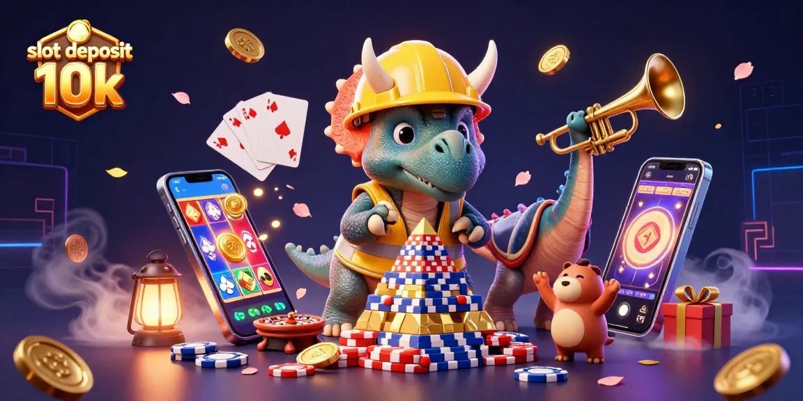 Experience exciting slot deposit 10k moments with cartoon dinosaurs celebrating at a vibrant casino.