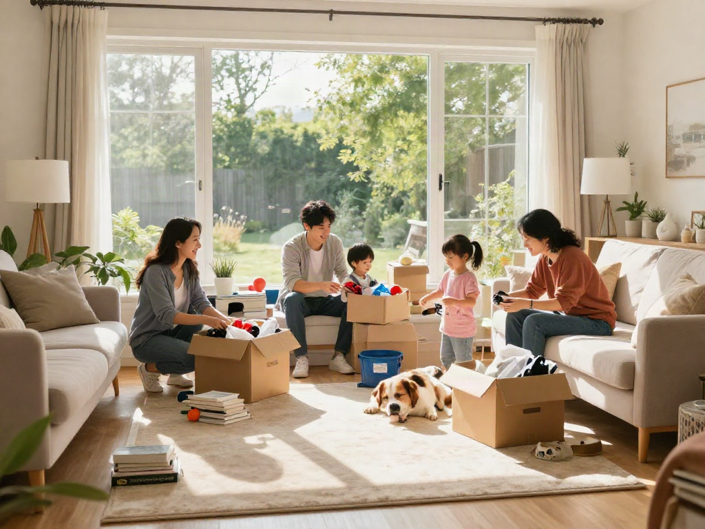House clearness: Family engaging in decluttering and organising a welcoming living room.