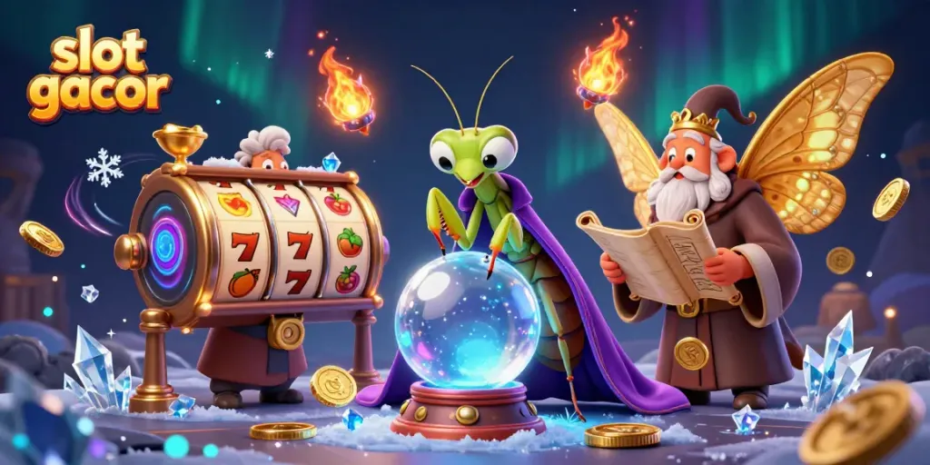 Slot gacor dengan makhluk mistis dan elemen kasino, menampilkan petunjuk kemenangan.