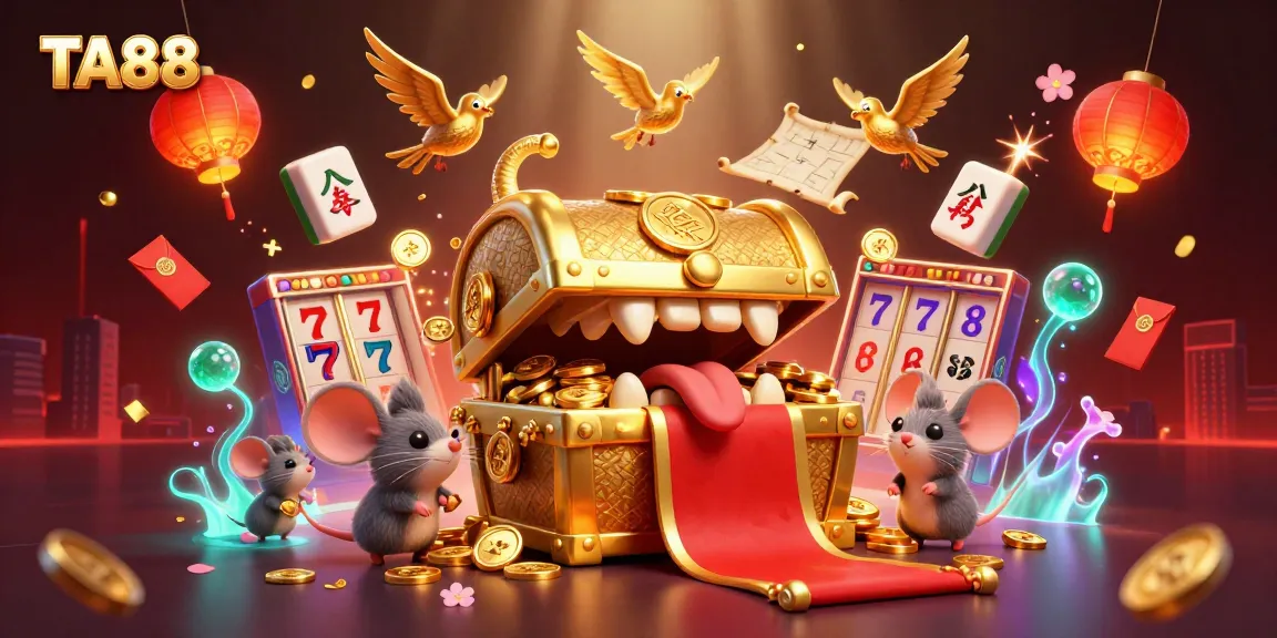 Engage with TA88's vibrant casino scene featuring a treasure chest and exciting game elements.