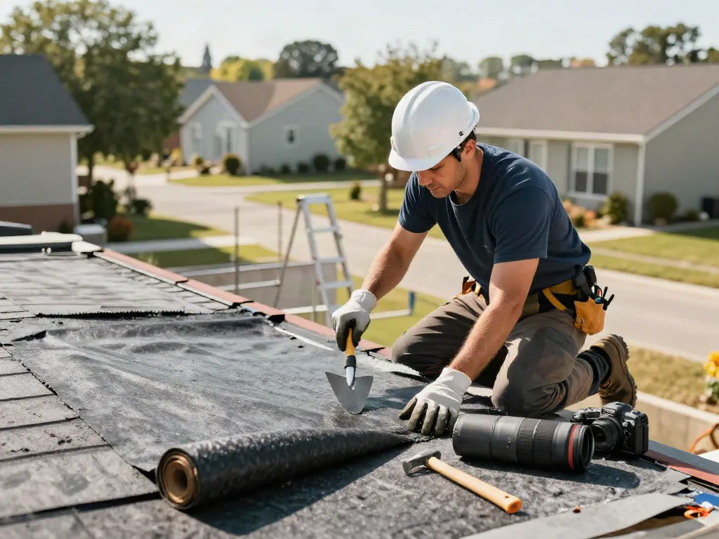 Felt roof replacement in progress featuring a contractor applying roofing felt on a garage, showcasing professional tools and suburban backdrop.