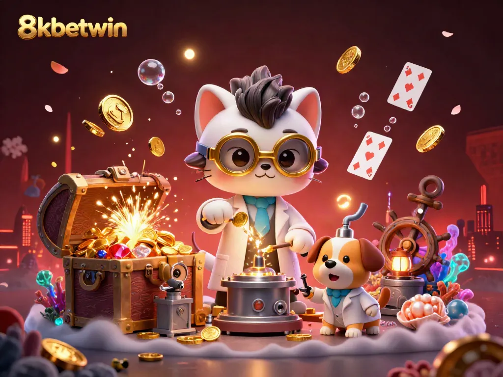 Experience thrilling gameplay with 8xbetwin's rich 3D illustration of a mad scientist cat and dog surrounded by treasure and casino elements.