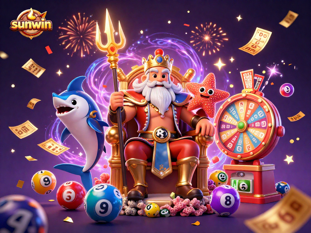 Experience the excitement of sunwin with Neptune and vibrant lottery games in this dynamic illustration.