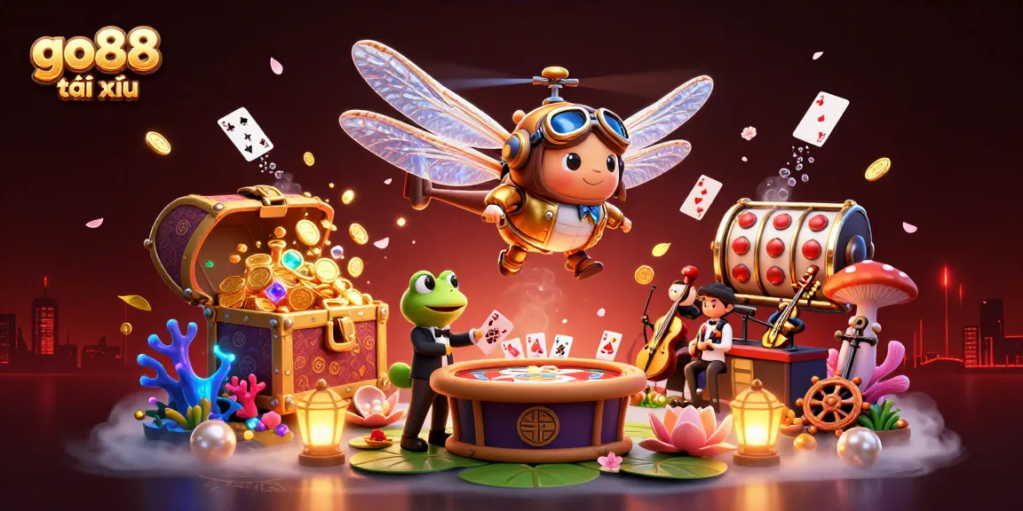 Experience the thrill of go88 tài xỉu with our vibrant 3D scene featuring a dragonfly pilot and fun casino elements.