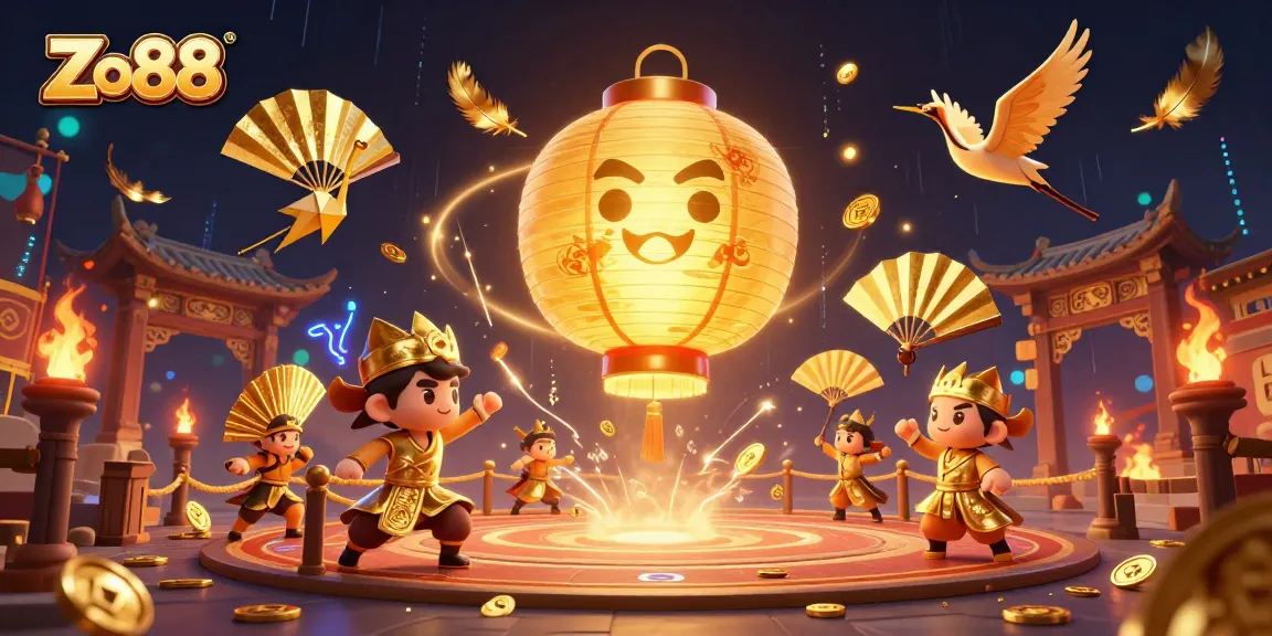 Zo88 betting scene with golden lantern spirit, warriors, and dynamic casino elements.