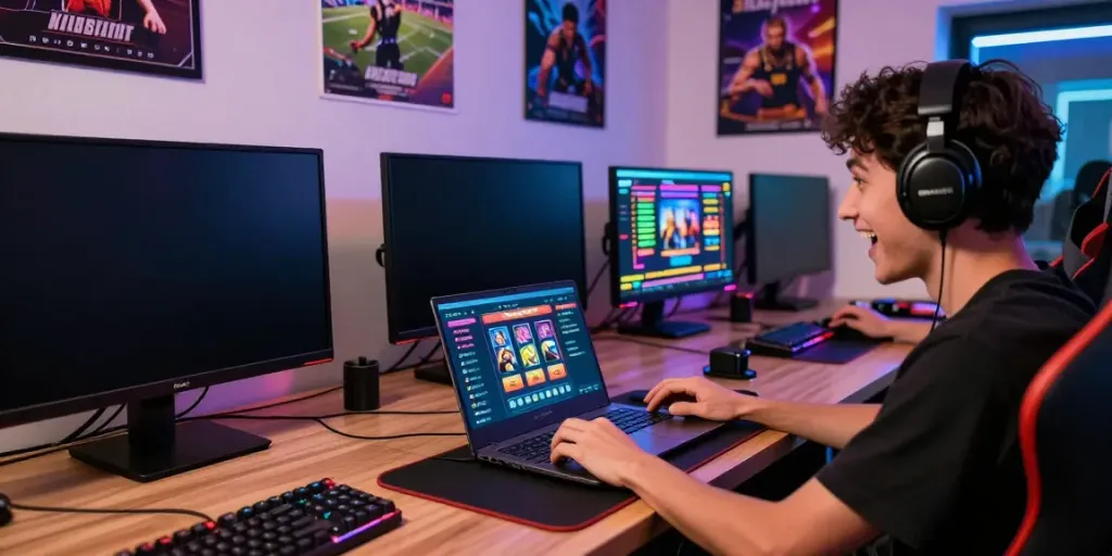 Excited player engaging with the 8kbet gaming platform in a vibrant setup.